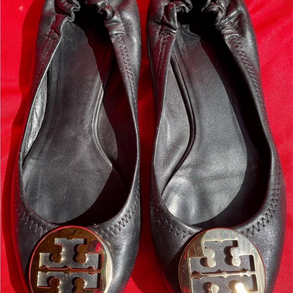 Tory Burch Black Leather Flats with Gold Logo